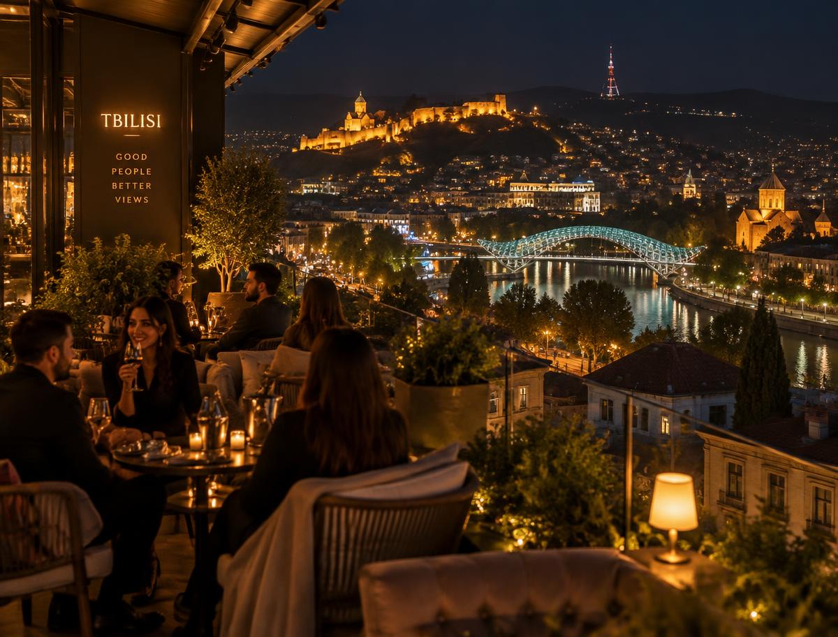 Stylish rooftop café overlooking Tbilisi at night