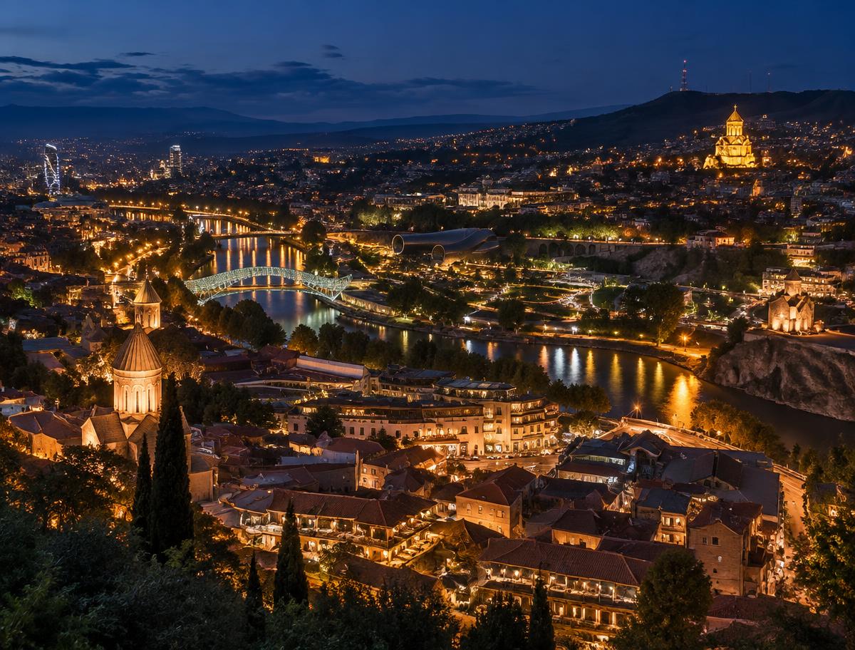 Tbilisi skyline glowing at night as seen from Mtatsminda